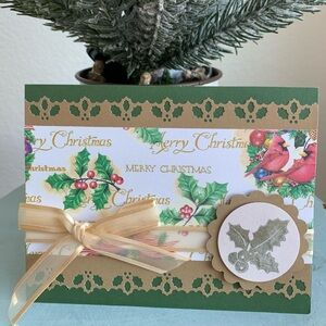 HAND CRAFTED Christmas Card Holly Berries 3D Holiday Art Red Green Gold White